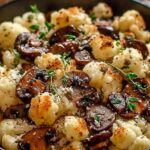 Garlic cauliflower mushroom skillet with golden veggies in a rustic pan