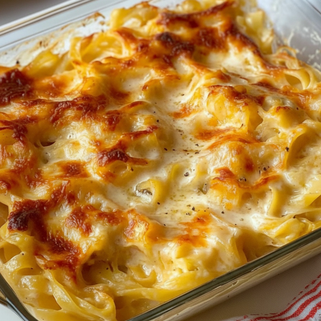 Creamy egg-noodle casserole homemade with golden melted cheese