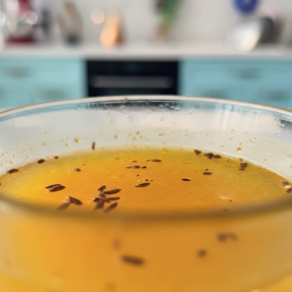 Saucepan of simmering jamu turmeric ginger drink being strained into a glass jar