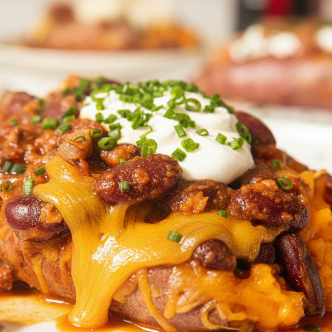Loaded baked sweet potatoes topped with cheese, beans, and green onions