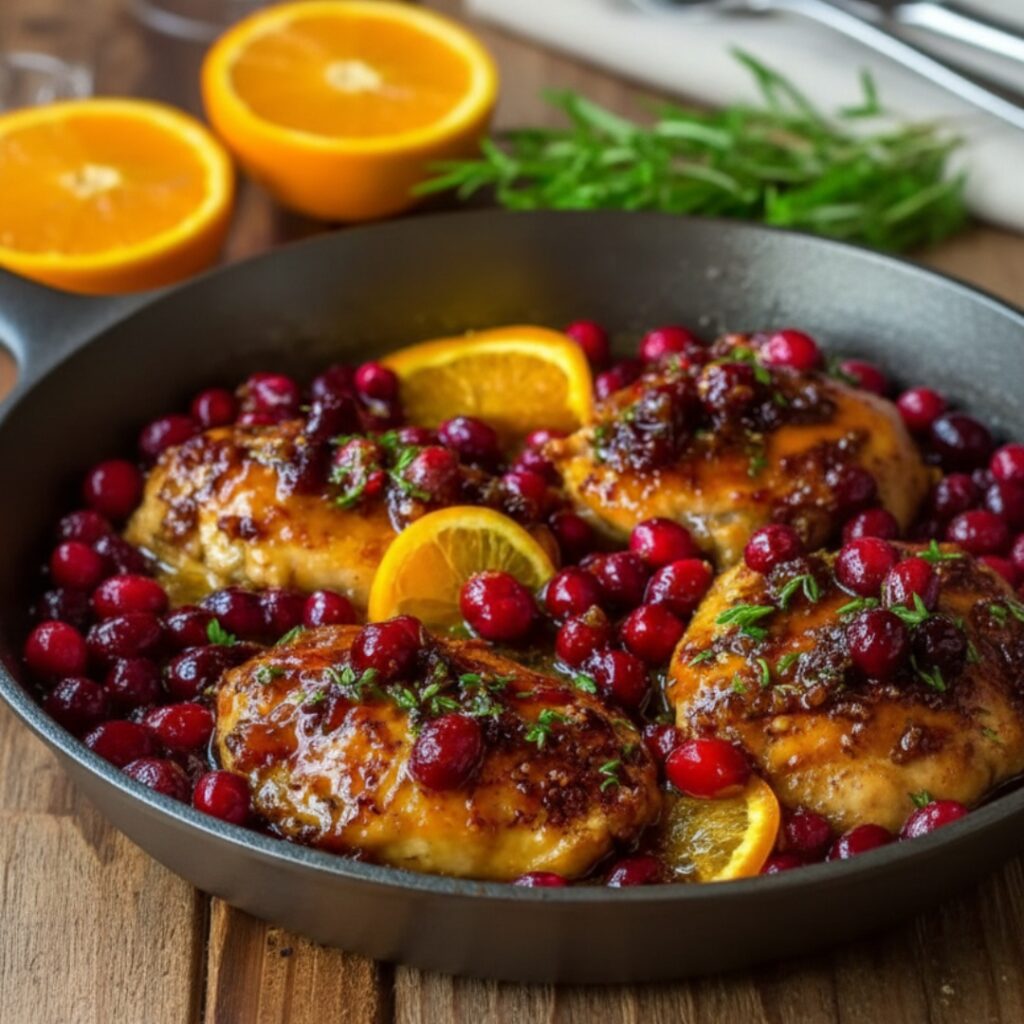 Top-down view of cranberry orange chicken sliced and served with fresh citrus zest