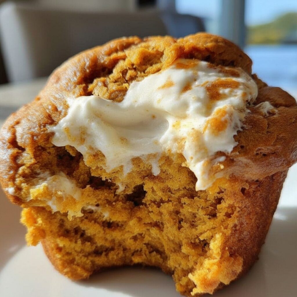 Close-up of pumpkin muffin showing creamy center