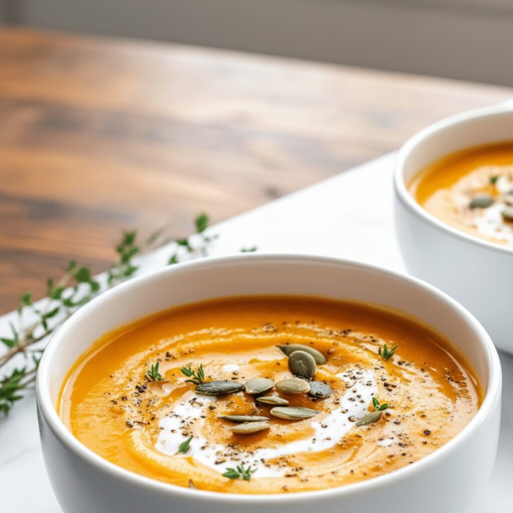 creamy roasted butternut squash soup with pumpkin seeds