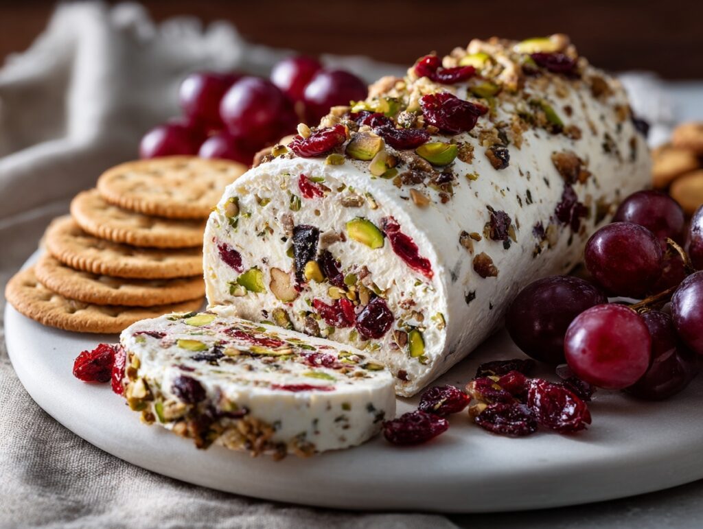 Sliced cranberry pistachio cheese log arranged with crackers on a stoneware plate