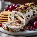 Sliced cranberry pistachio cheese log arranged with crackers on a stoneware plate
