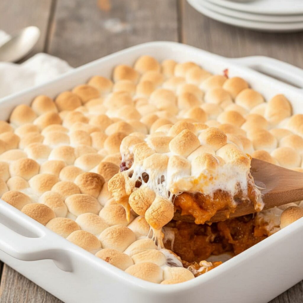 Sweet potato casserole with marshmallows in a ceramic baking dish