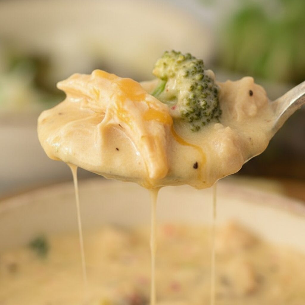 Extreme macro: melting cheddar, tender chicken, and crisp broccoli in creamy soup.