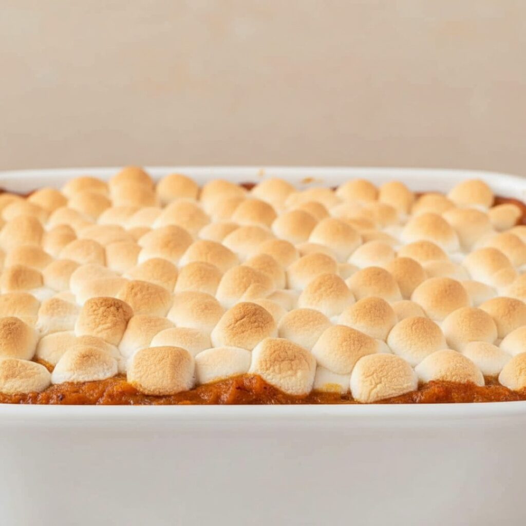 Close-up of toasted marshmallows on sweet potato casserole