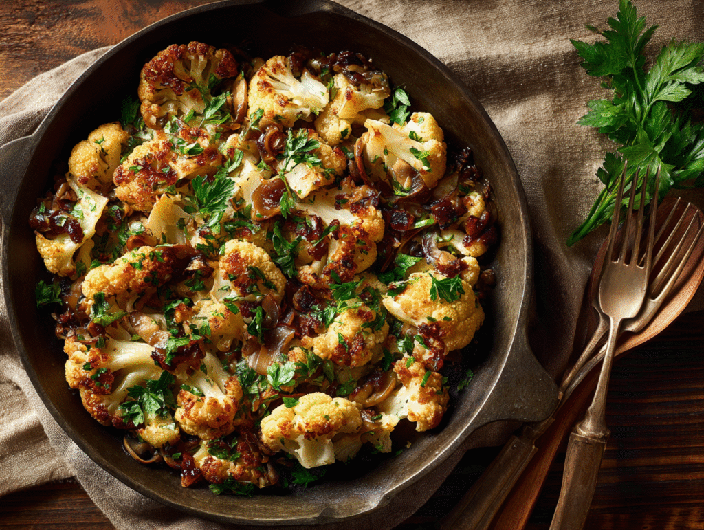 Top-view cauliflower and mushroom skillet with herbs