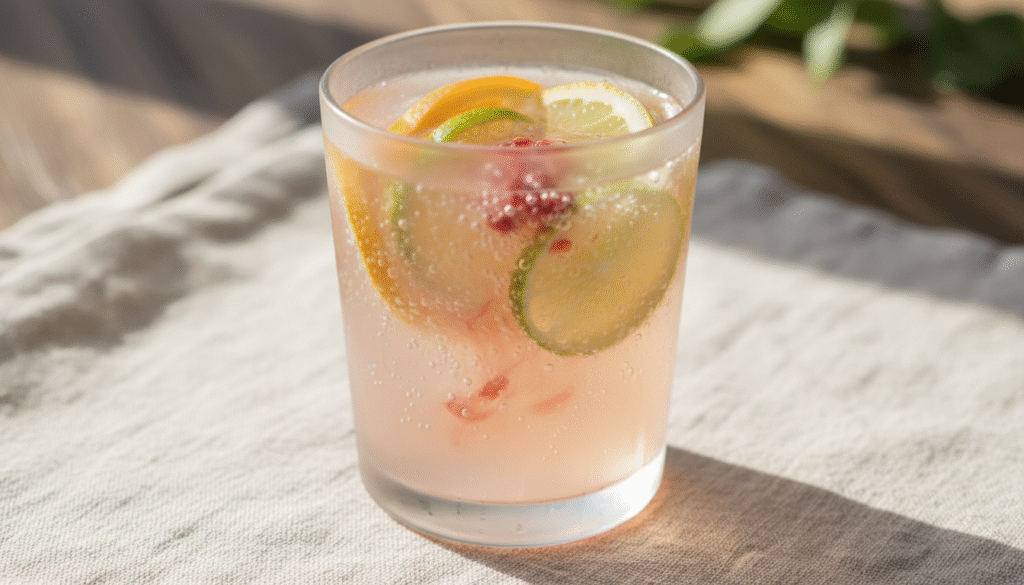 Overhead view of LMNT electrolyte mocktail with herbs and citrus