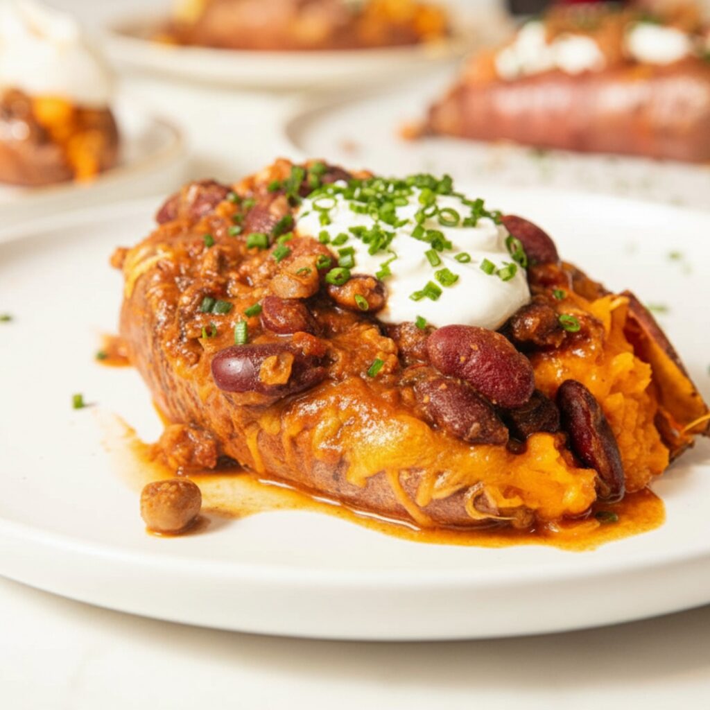 Overhead view of loaded baked sweet potatoes with toppings