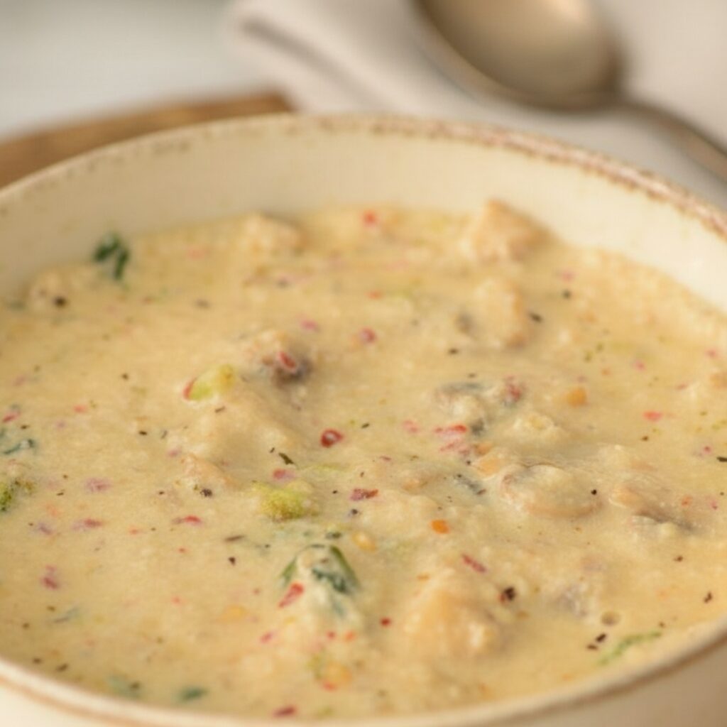 Top-down view of mushroom gravy spooned over mashed potatoes