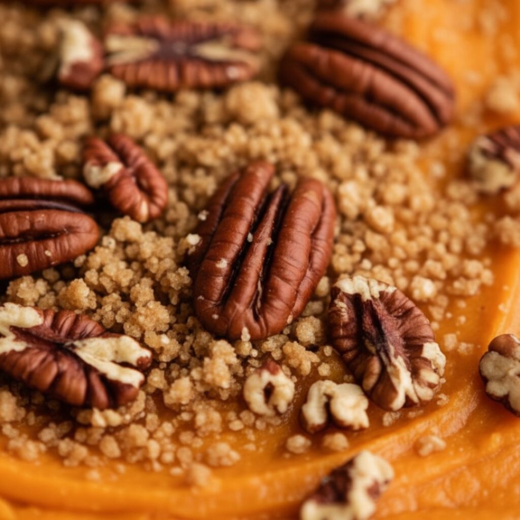 Sweet potato casserole viewed from above with crisp pecan crumble