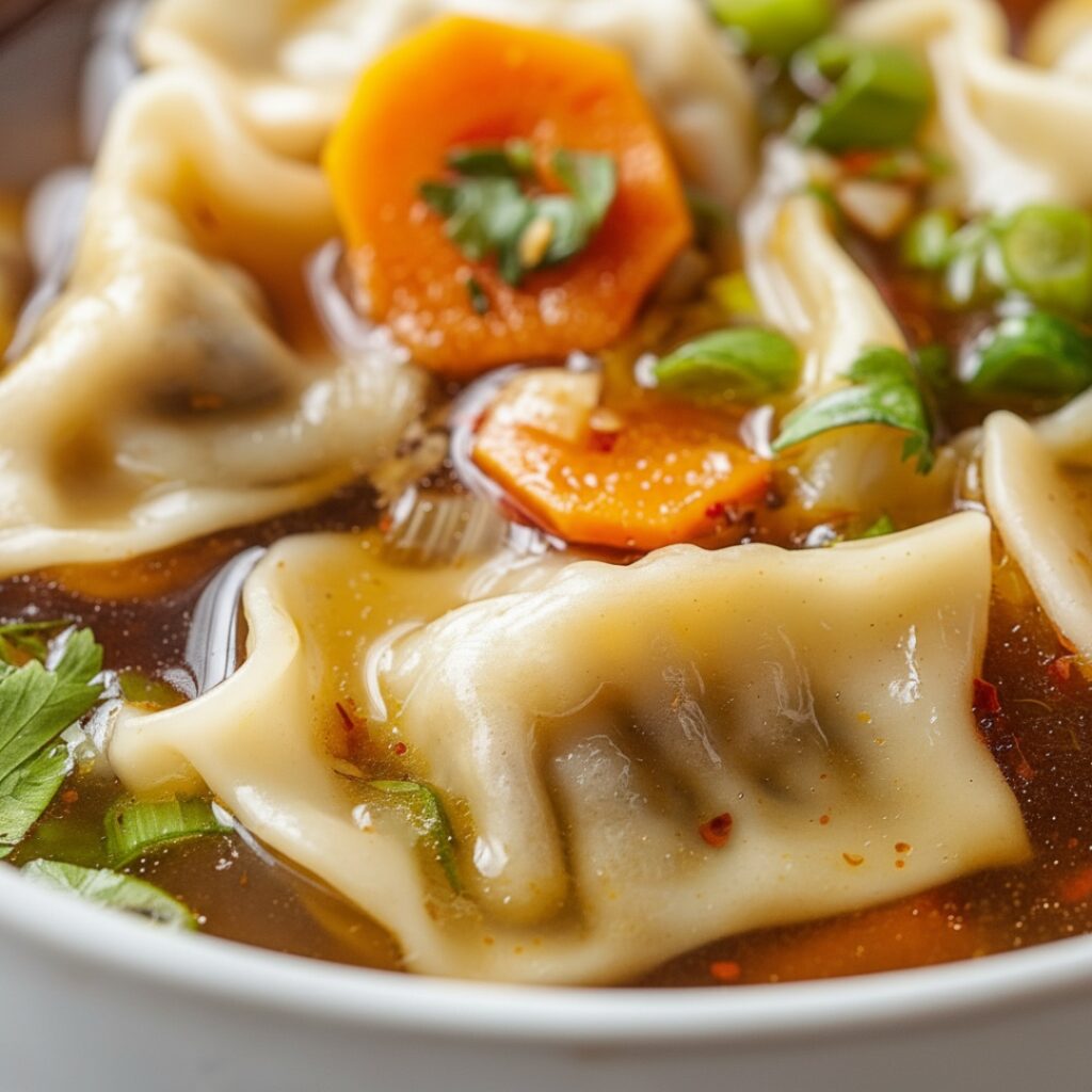Two bowls of comforting potsticker soup topped with green onions and sesame seeds