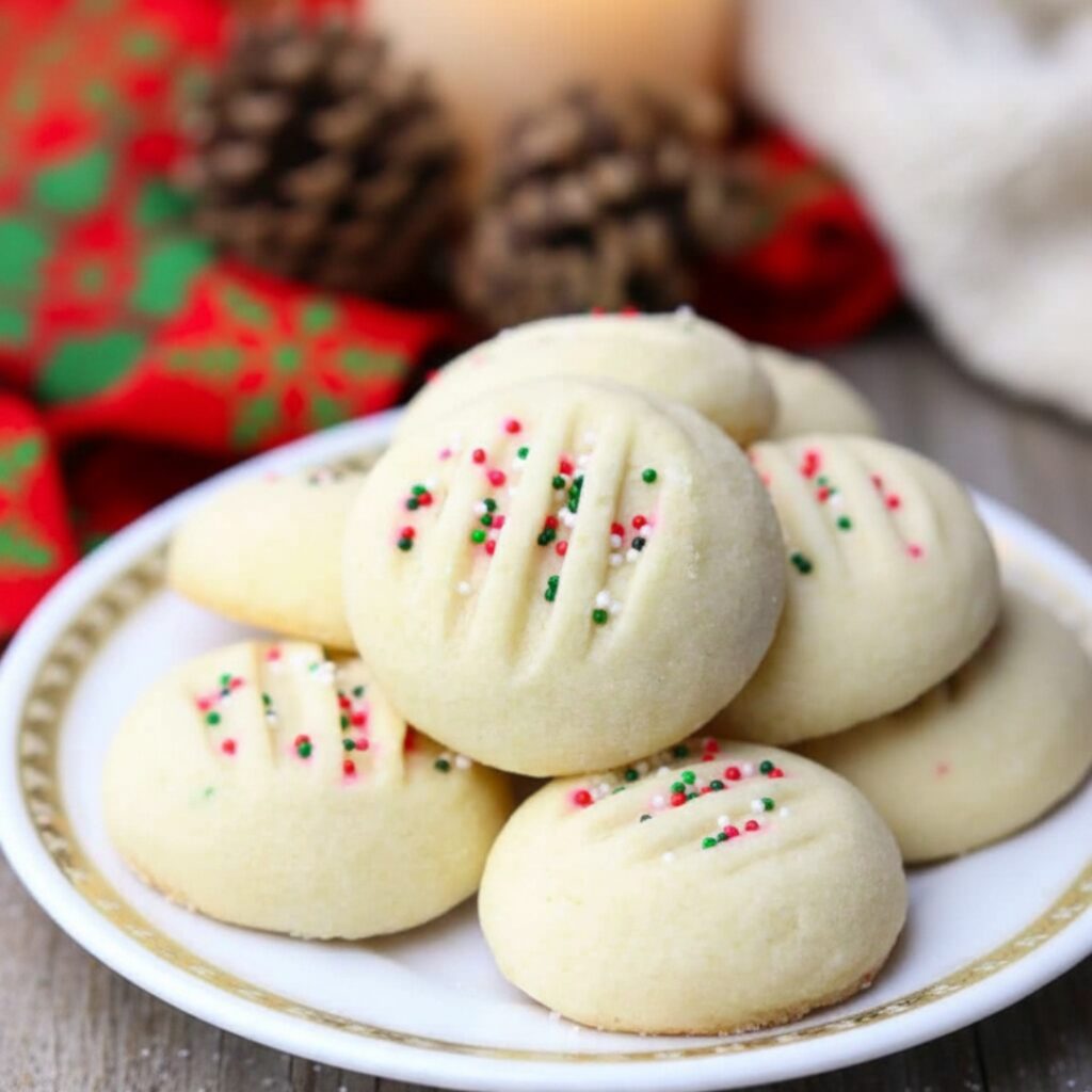 Top-down view of whipped shortbread cookies with fork pattern