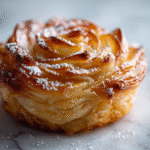 Close-up of glossy puff pastry apple rose with powdered sugar on white marble background