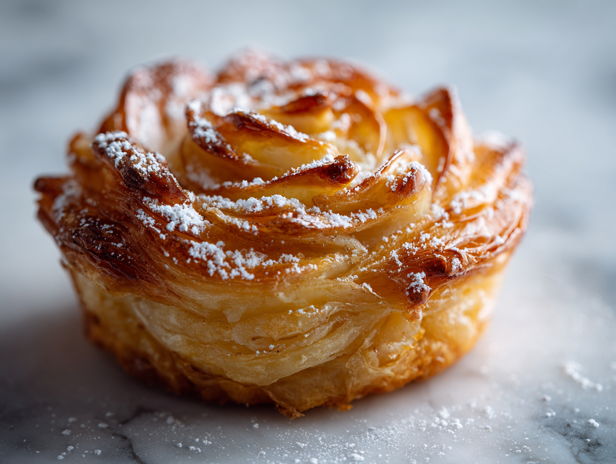 Close-up of glossy puff pastry apple rose with powdered sugar on white marble background