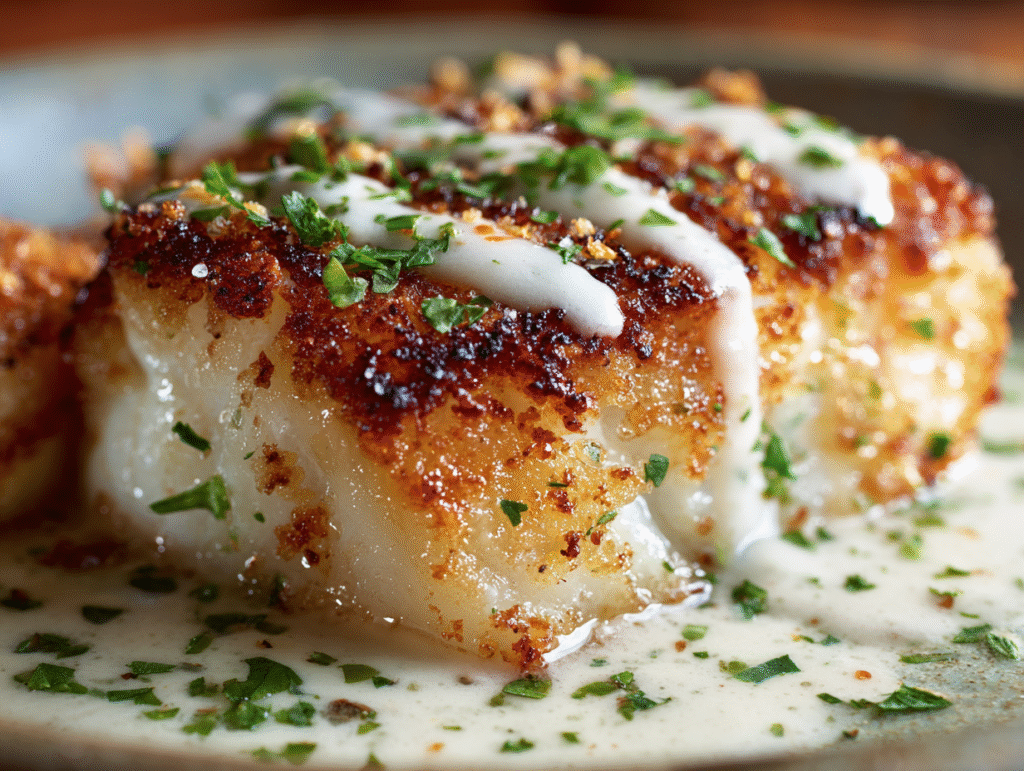 Baked cod in coconut lemon cream sauce in a baking dish