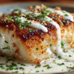 Baked cod in coconut lemon cream sauce in a baking dish
