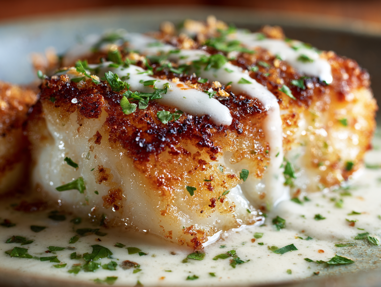 Baked cod in coconut lemon cream sauce in a baking dish