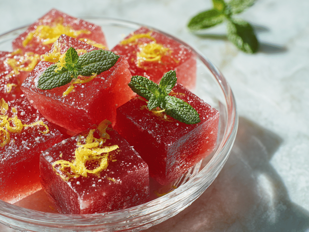 Bariatric gelatin diet pink gelatin served chilled in a glass bowl