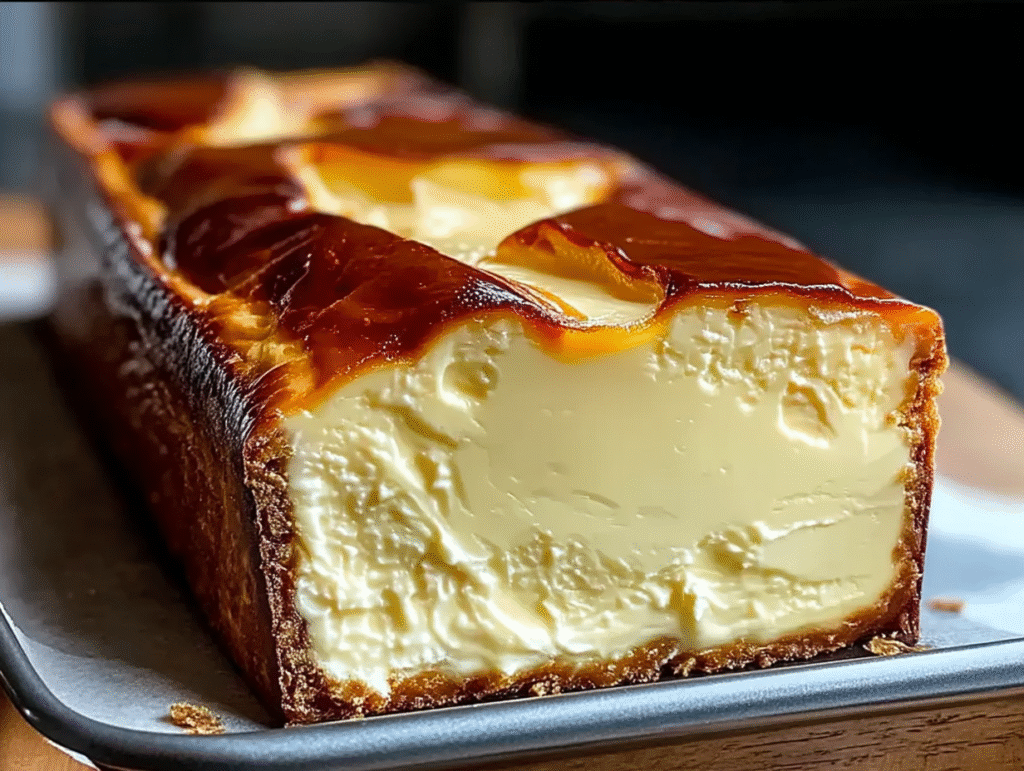 Burnt Basque cheesecake made in a loaf pan with a caramelized top and creamy center