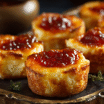 Cheesy thumbprint appetizers with hot pepper jelly on a serving platter