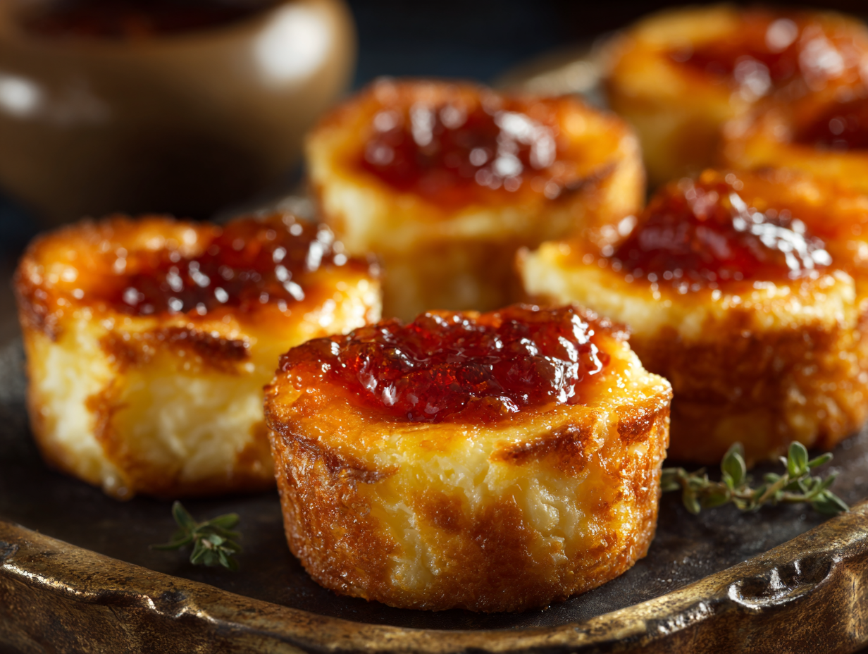 Cheesy thumbprint appetizers with hot pepper jelly on a serving platter