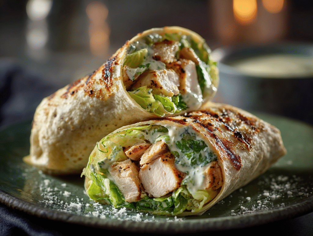 Chicken Caesar wrap filled with grilled chicken, romaine lettuce, and creamy Caesar dressing
