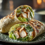 Chicken Caesar wrap filled with grilled chicken, romaine lettuce, and creamy Caesar dressing