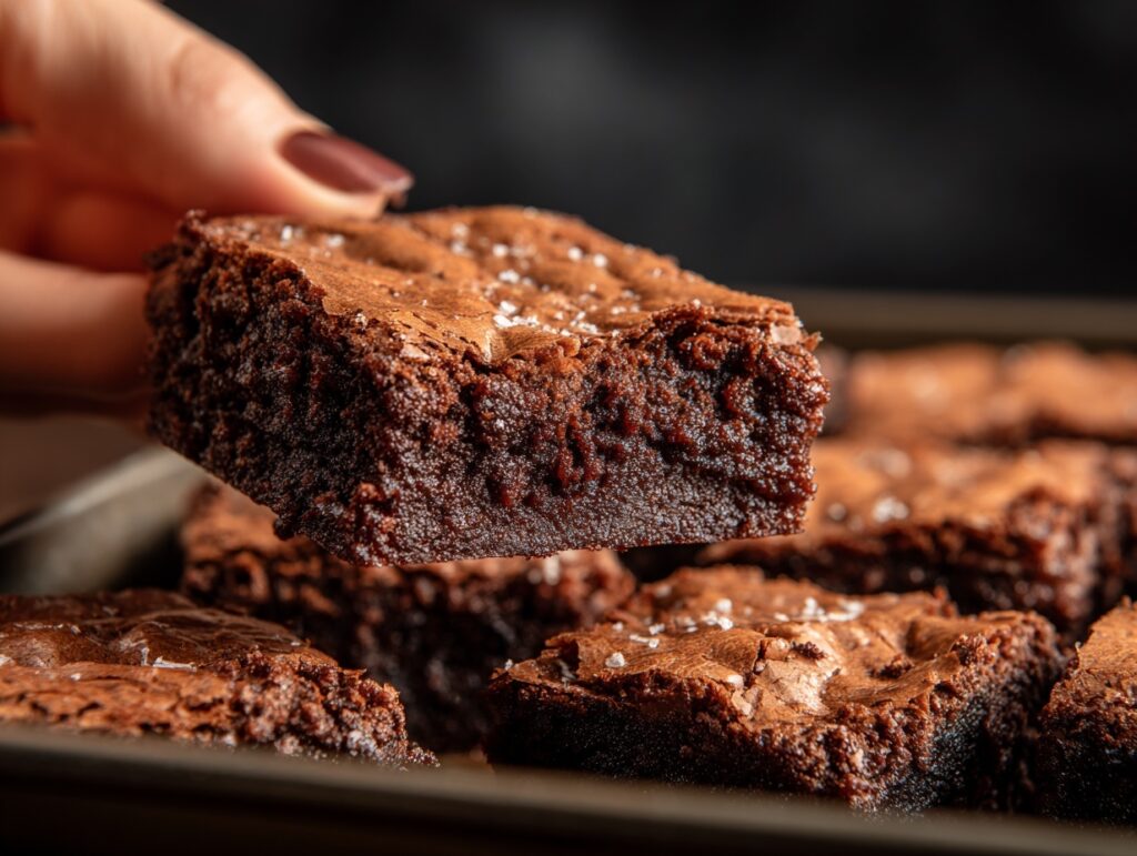 Top-down view of gingerbread brownies dusted with powdered sugar in a festive setting.