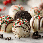 Christmas Oreo balls with white chocolate and sprinkles