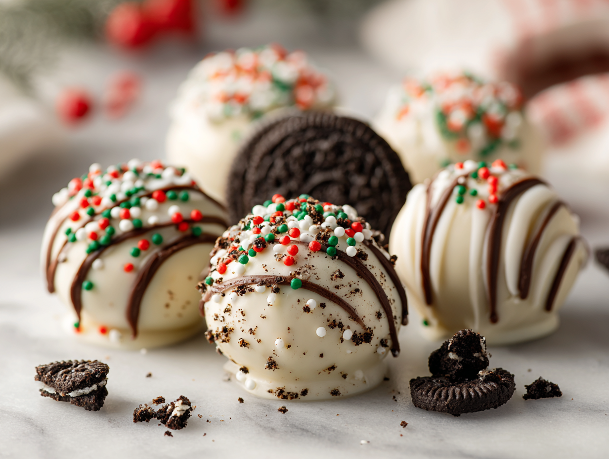 Christmas Oreo balls with white chocolate and sprinkles