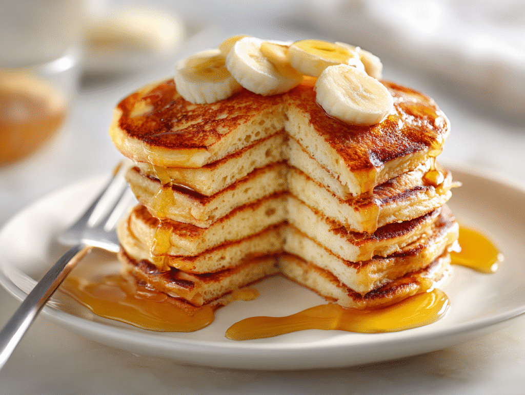 Cottage cheese pancakes stacked on a plate, flourless and high protein