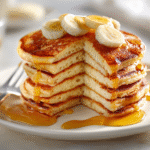 Cottage cheese pancakes stacked on a plate, flourless and high protein