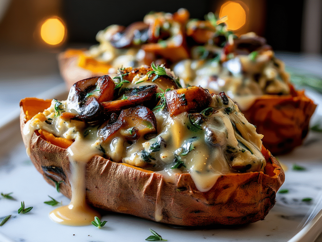 Irresistible creamy mushroom stuffed sweet potatoes with garlic and herbs