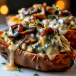Irresistible creamy mushroom stuffed sweet potatoes with garlic and herbs