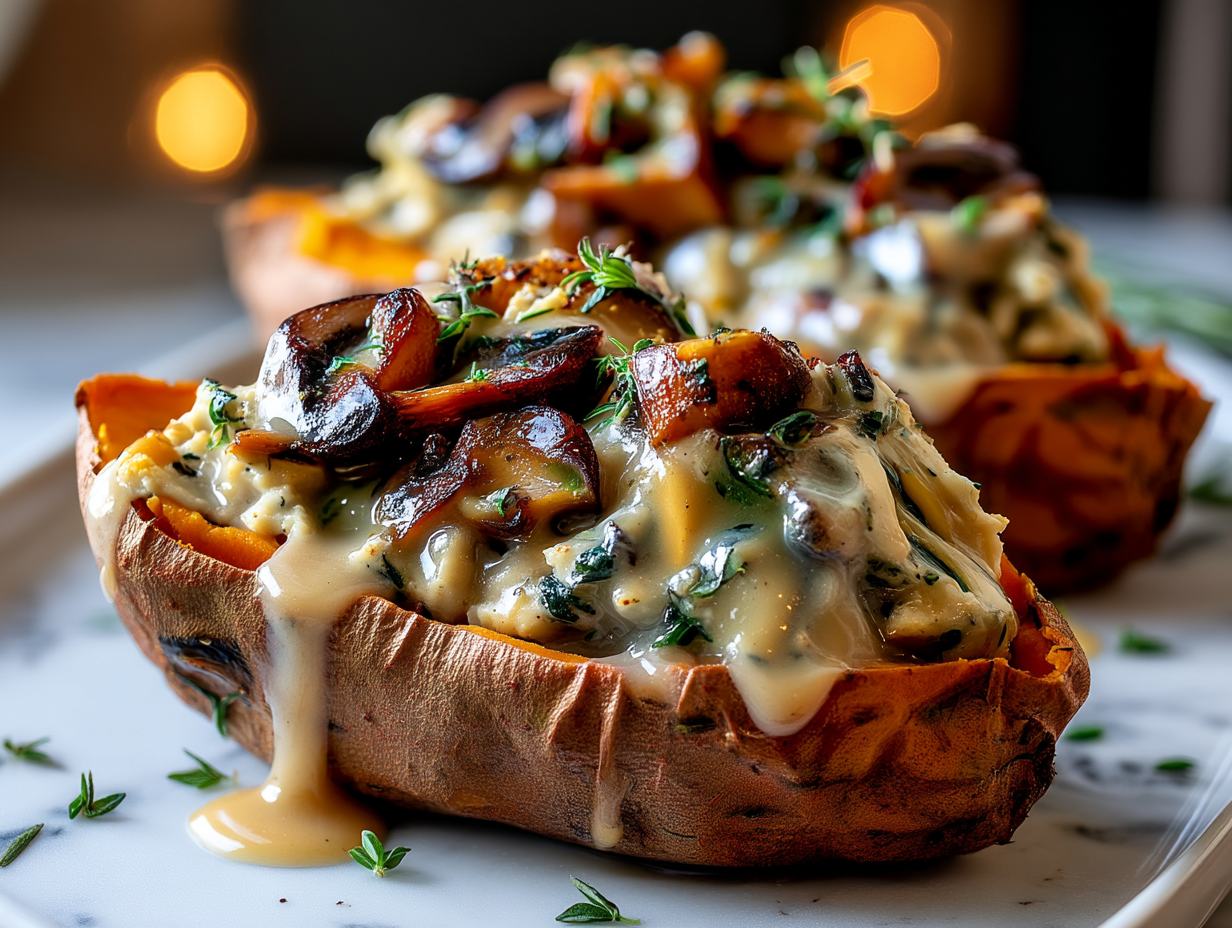 Irresistible creamy mushroom stuffed sweet potatoes with garlic and herbs