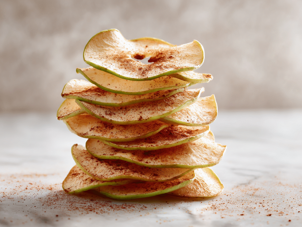 Close-up macro shot of a crisp apple chip held up.