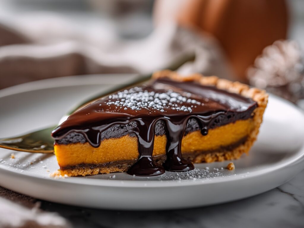 Glossy dark chocolate pumpkin tart with shiny ganache drip