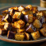 Delicious garlic roasted eggplant with crispy edges and tender center