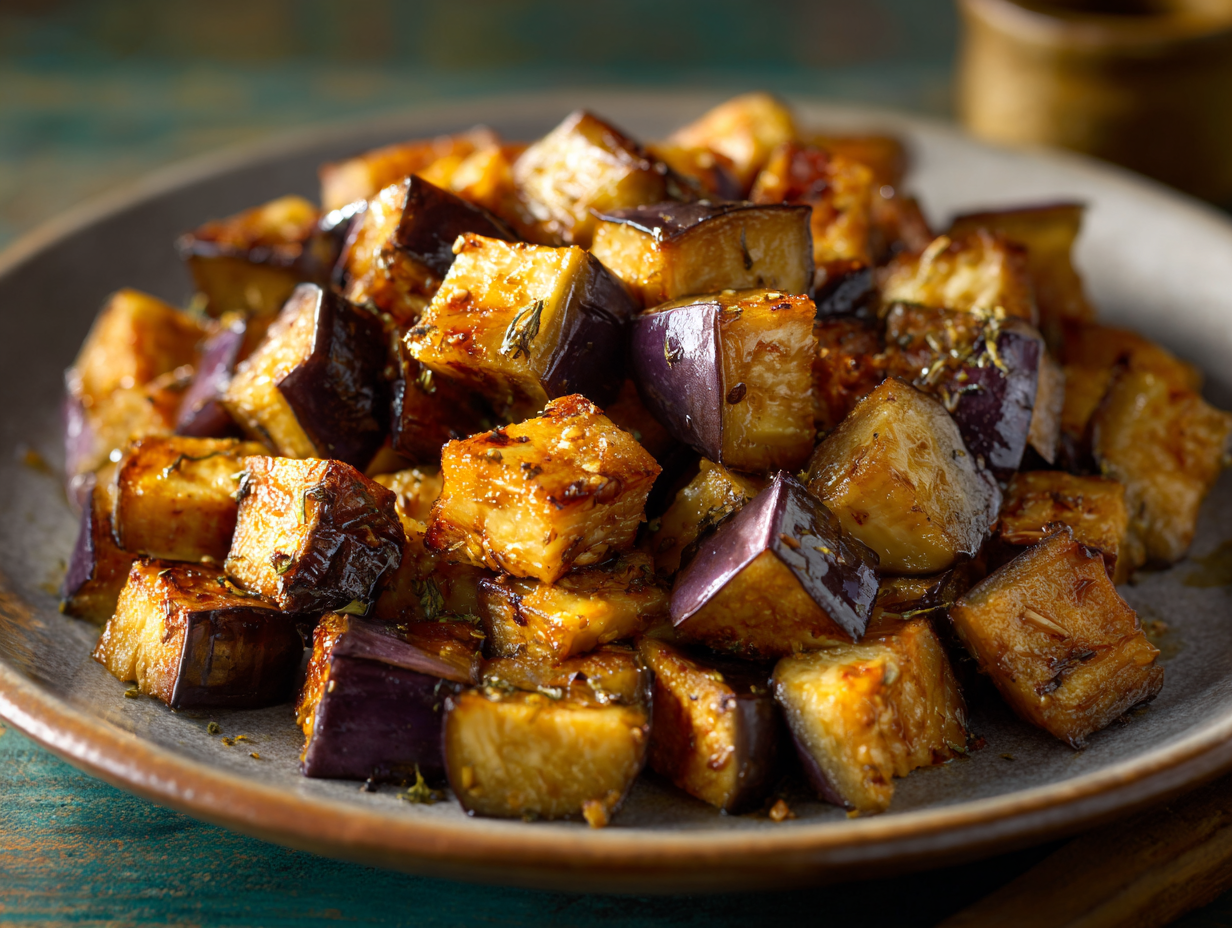 Delicious garlic roasted eggplant with crispy edges and tender center