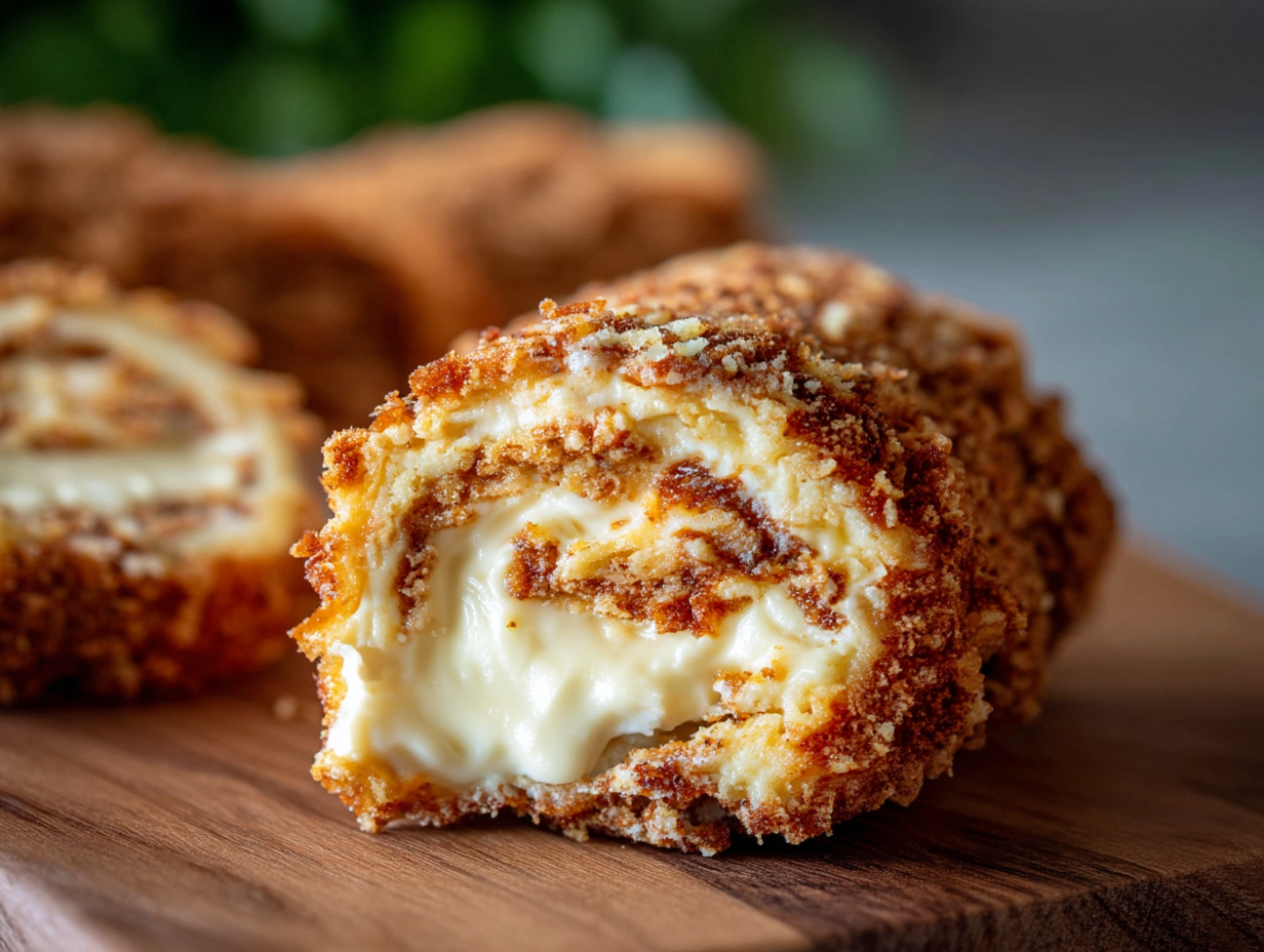 Easy crispy keto cinnamon cream cheese roll ups with golden exterior