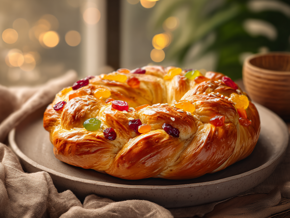 Easy Rosca de Reyes recipe with candied fruit topping