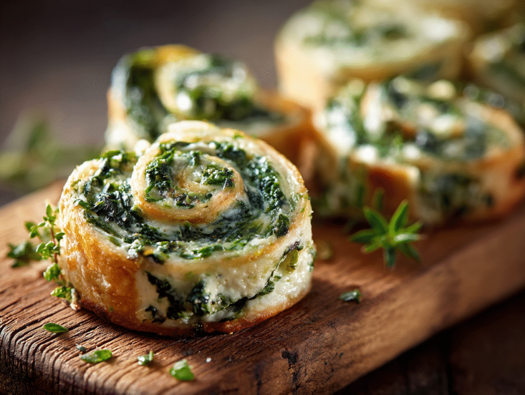 Easy spinach dip in bite-sized pinwheels on a serving platter
