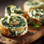 Easy spinach dip in bite-sized pinwheels on a serving platter