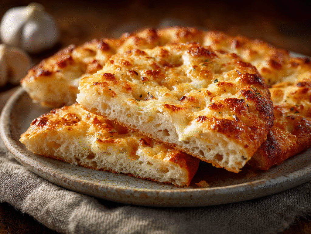 Garlic Parmesan focaccia dough with olive oil and dimples