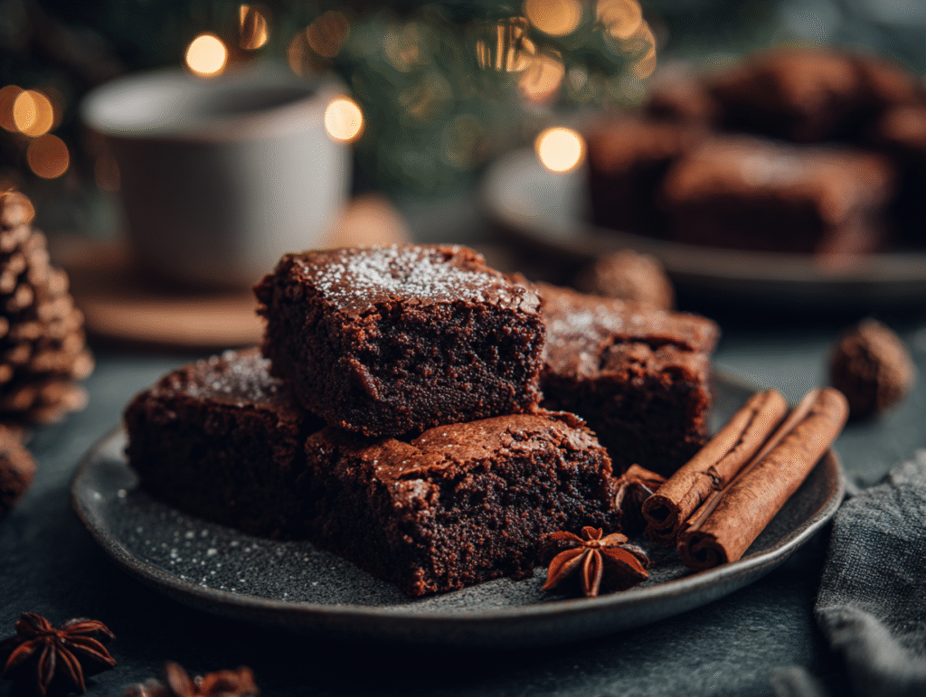 Fudgy gingerbread brownies with festive holiday spices on a ceramic plate