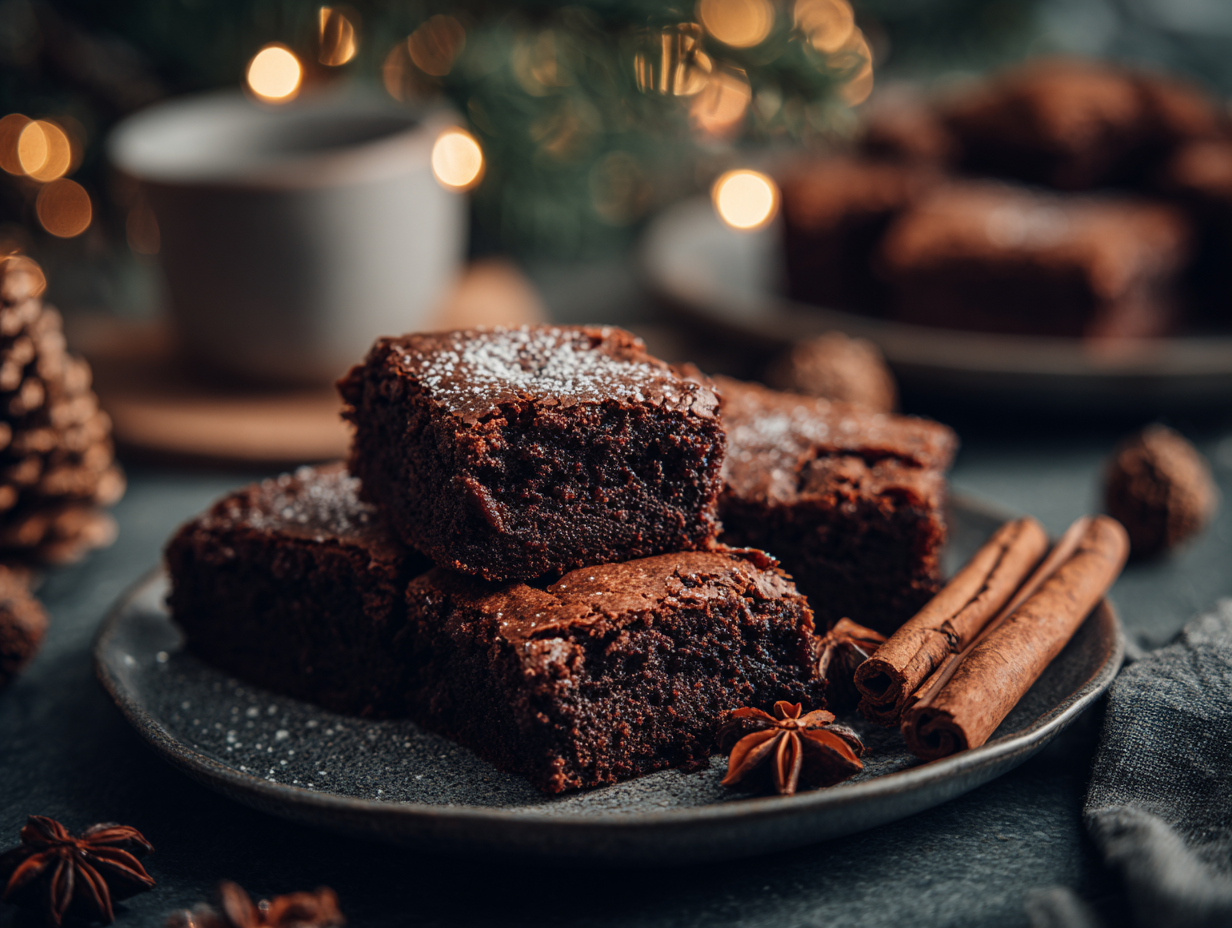 Fudgy gingerbread brownies with festive holiday spices on a ceramic plate