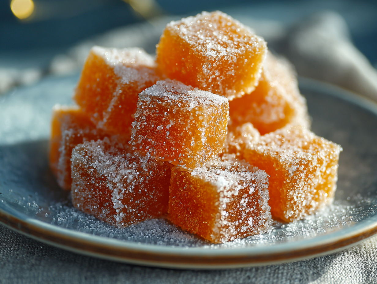 chewy homemade orange candy coated in sugar